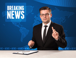 Television presenter in front telling breaking news with blue modern background
