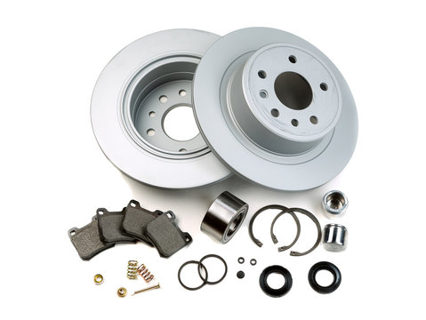Brake discs, springs, pads, pistons. Isolate on white