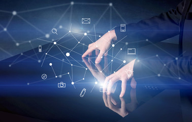 Hands touching interactive table