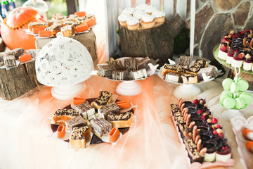 Delicious and tasty dessert table with cupcakes shots at reception closeup