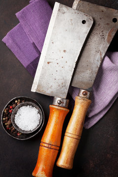 Butcher. Vintage meat knives and spices
