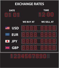 Vector electronic led currency exchange display with currencies exchange rate of the dollar, euro, Japanese yen and pound sterling.