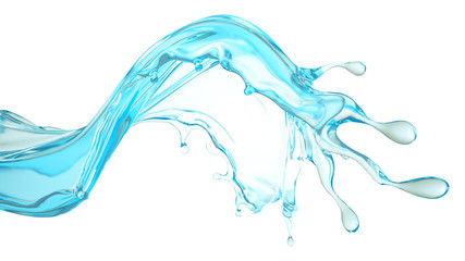 Isolated blue splash of water on a white background. 3d illustration, 3d rendering.