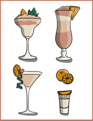 Cocktails and drinks in pink and pale pink colors with different glasses with fruits and mint leaves on a white background eps 10 illustration