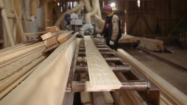 Wood board running out carpenter refiner machine at sawmill facility, lots of sawdust
