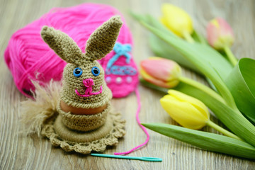 Crochet Easter bunny egg cup made of wool