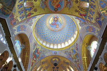 Fototapeta na wymiar Painting on the walls and vault of the Orthodox naval Cathedral of Kronstadt in St. Petersburg