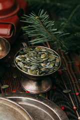 Food styling in flatley layouts, on wooden and concrete background with desserts and decor