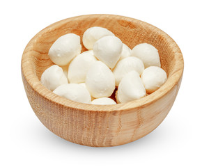 Mozzarella cheese in bowl on white background