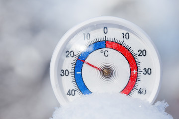 Outdoor thermometer in snow shows minus 21 Celsius degree cold winter weather concept