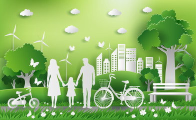 Family enjoy fresh air in the park, eco green city, save the planet and energy concept, flat-style vector illustration.