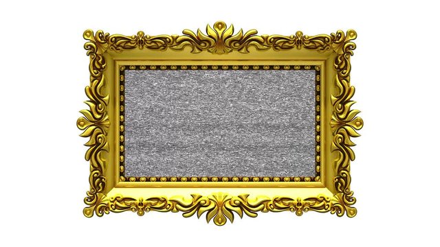 White background. Tv noise and green chroma key plays on the screen in ornate gold picture frame. 3D animated intro.