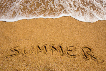 Beach background with summer written in sand. Wave and sand border