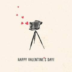 Valentine's day greeting card with old vintage camera, hearts and lettering. Vector hand drawn illustration.