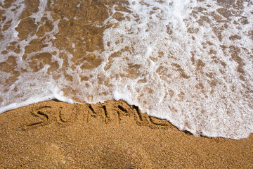 Beach background with summer written in sand. Wave and sand border