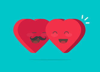 Two happy hearts hugging vector illustration, flat cartoon man and woman heart characters as couple together with smiling faces, lovely embrace symbol, idea of valentines day gift icon, passion