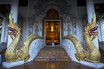 Les deux mythiques serpents  à l' entrée du temple  wat chedi luang de Chiang mai en Thaïlande 