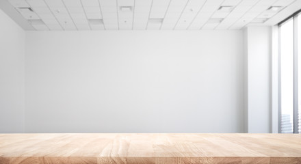 Real wood table top on white room office background