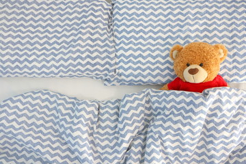 single brown bear doll wear red shirt sleeping on the bed have space on the left side. Concept...