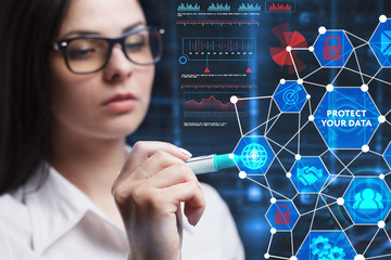 The concept of business, technology, the Internet and the network. A young entrepreneur working on a virtual screen of the future and sees the inscription: Protect your data