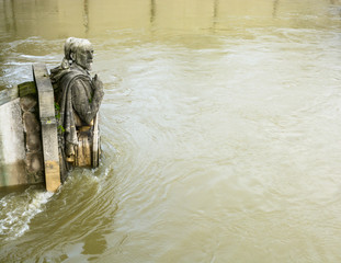 View from above of the statue "Le Zouave" on the pier of the Alma bridge in Paris, France, during a winter flood episode. It is used as a flood marker to estimate the water level of the river Seine.