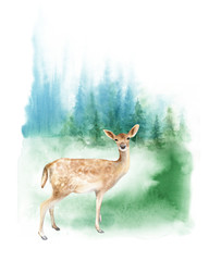 Watercolor foggy forest landscape. The deer on the lawn. Template for posters and postcards.