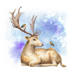 Watercolor abstract illustration. The deer and birds. Template for posters and greeting cards