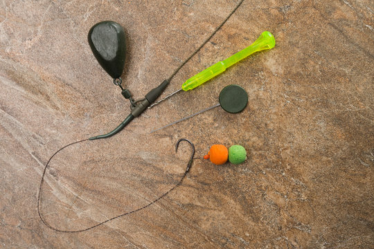 Baits, hooks, sinkers, ledcor is preparing for carp fishing. Copy paste