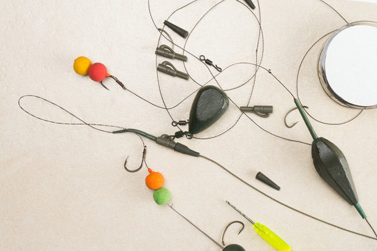 Baits, hooks, sinkers, ledcor is preparing for carp fishing. Copy paste