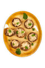 Vegetarian Stuffed Mushrooms Isolated on White Background. Selective focus.