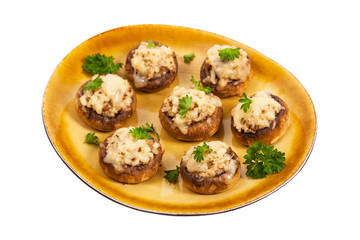 Vegetarian Stuffed Mushrooms Isolated on White Background. Selective focus.