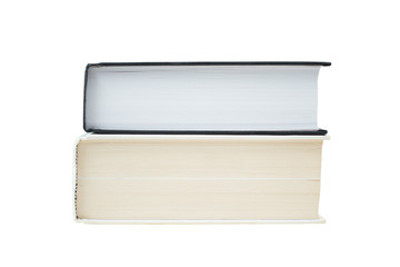 Two hardcover books on each other isolated on white background. White and black book. Path saved