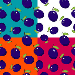 Set of four Seamless Fruit Patterns , Fruit Plum on White Green Pink and Orange Background, Vector Illustration