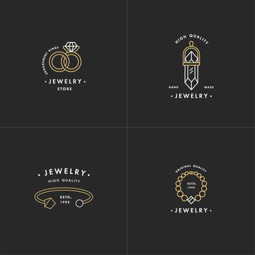 Vector set of logos with necklace and gem stone, wedding rings and bracelet design in trendy linear style in colorful colors