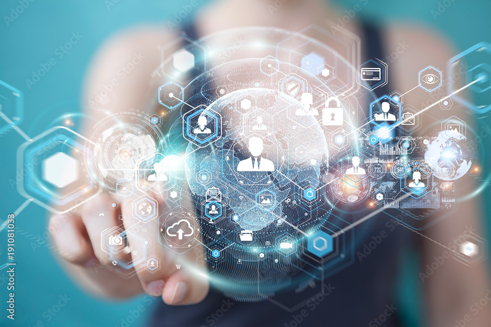 Poster businesswoman using social network interface 3d rendering