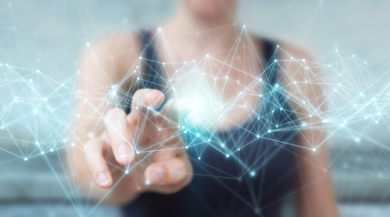 Businesswoman using flying network connection 3D rendering