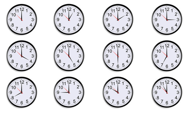 Set of round clocks showing various time. World clock, time zone. Vector illustration