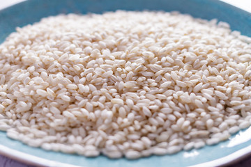 Arborio rice for risotto on blue plate
