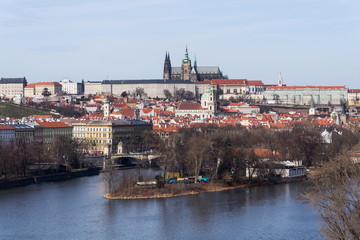 Fototapeta na wymiar Prague panorama with Vltava River, St. Vitus Cathedral and Prague Castle - the biggest ancient castle in the world and residence of the president, Czech Republic