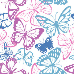 Fototapeta na wymiar Seamless pattern with pink, blue and purple butterfly. Vector illustration. Spring butterfly silhouette