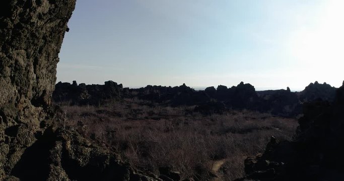 Flying through unique volcanic rock formation in Iceland