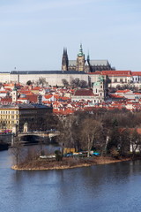 Obraz premium Prague panorama with Vltava River, St. Vitus Cathedral and Prague Castle - the biggest ancient castle in the world and residence of the president, Czech Republic
