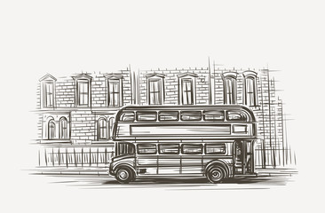Old london bus double decker hand drawn illustration. Vector. - obrazy, fototapety, plakaty