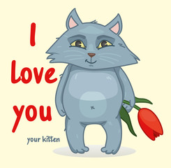 sweet Declaration of love. the cat holds in its paws a flower. vector illustration