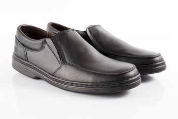 Male black leather elegant shoe on white background, isolated product, comfortable footwear.