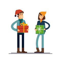 Couple of young people on Christmas Day. Husband and wife celebrate winter holiday. Young family standing together holding each other