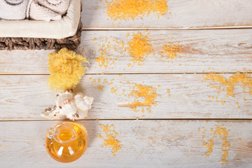 fruit bath salt with olive oil and gray natural soap next to the orchidwith place for text