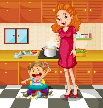 Toddler and mother in the kitchen