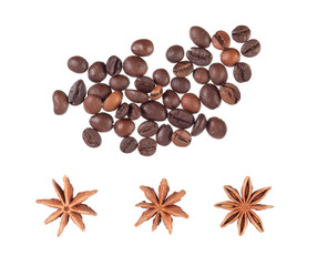 Anise and coffee beans isolated on white background