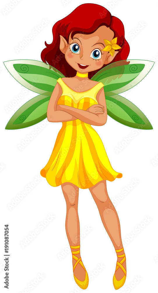 Wall mural cute fairy in yellow dress and green wings